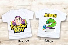 two birthday shirts with the same character on them