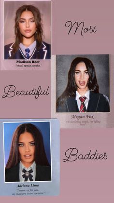 four different pictures of the same woman in their school uniforms and name tags on them