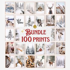 a bunch of pictures that are on top of a wall with the words bundle 100 prints