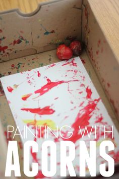 an open cardboard box with paint and acorns on the inside that says painting with acorns