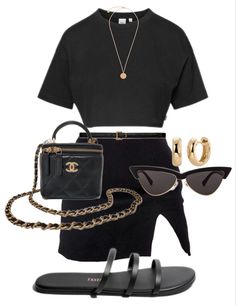 Casual Black Summer Outfits, All Black Outfit Summer Night, Chanel Black Outfit, Black Casual Dress Outfit, Chanel Summer Outfits, Black Chanel Bag Outfit, Black Outfits For Summer, Summer Black Outfits, Black Outfits Summer