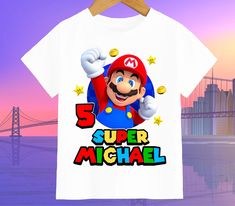 a t - shirt with an image of mario on it and the words 5 super michael