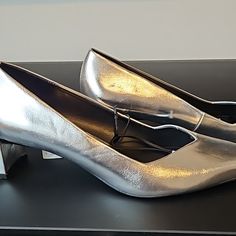 These Stylish Pointy Block Heels Are Nwt. There Are Some Blemishes. Please Look At Pictures Silver Court Shoes For Office In Spring, Silver Court Shoes For Spring Office Wear, Spring Silver Court Shoes For Office, Silver Block Heel Court Shoes For Spring, Silver Low Heel Court Shoes For Office, Silver Heels For Office In Spring, Silver Pointed Toe Court Shoes For Spring, Silver Pointed Toe Heels Medium Width, Silver Heels With Medium Width And Pointed Toe