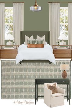 Masculine green bedroom decor mood board with green tones throughout