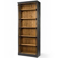 an old fashioned bookcase with wooden shelves on one side and metal trimmings on the other