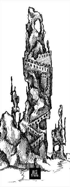 a black and white drawing of a castle on top of a hill with people standing around it