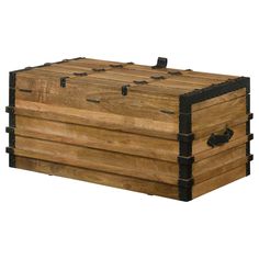 a large wooden box with black straps on it