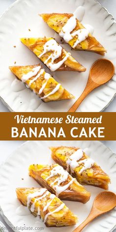 three pieces of banana cake sitting on top of a white plate with a wooden spoon