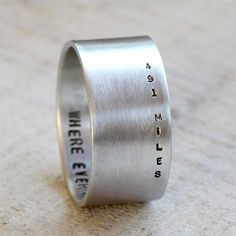 Long distance relationship ring. A long distance love custom band for men or woman. This personalized wide band is a great long distance relationship ring that reminds you that no matter how far away you are from each other your love is ever present. ♥The ring can be stamped up to 30 characters on the inside in the font and style shown in the photos. Please use the drop down menu to choose the number of characters in your inscription. The ring measures 11mm high. Because of the hight of the band Relationship Ring, Relationship Rings, Distance Love, Long Distance Love, Distance Relationship, Wide Band Rings, Long Distance Relationship, Personalized Rings, Girly Stuff