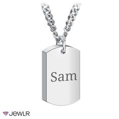 a silver dog tag with the word sam on it's front and back sides