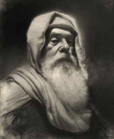 a black and white photo of a man with a long beard wearing a shawl