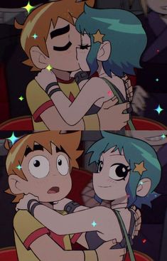 two cartoon characters hugging each other with stars in the background