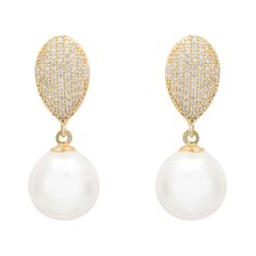 Make these classical pearl earrings’ your new timeless treasures. With contemporary zirconia encrusted tops and suspended pearls which dangle for added movement these earrings add a touch of sophisticated style to any outfit.  Pearls are a forever classic. They're the epitome of traditional style, an accessory that will never let you down. This timeless gemstone will take you to every significant event of your life. Ideal gift. Perfect for all cocktail and black tie events. Anniversaries, Bridal Elegant Cubic Zirconia Diamond Earrings With Pearl Drop, Luxury Pear-shaped Pearl Drop Diamond Earrings, Luxury Pearl Embellished Drop Earrings, Classic Formal Pearl Earrings With Pave Setting, Elegant Formal Pearl Earrings With Pave Setting, Elegant Diamond Pearl Earrings With Pave Setting, Timeless Pearl Drop Earrings With Cubic Zirconia, Timeless Cubic Zirconia Pearl Drop Earrings, Fine Jewelry Pear-shaped Diamond Earrings With Pearl Drop