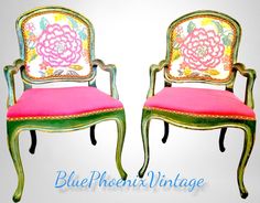 two green chairs with pink cushions are shown side by side in front of a white background