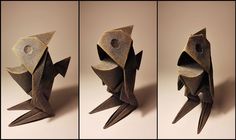 three different views of an origami bird