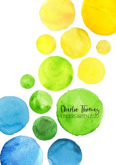 watercolor circles with the name charlotte thomas on them in green, yellow and blue