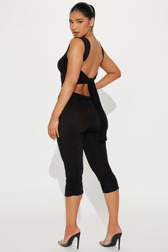 Available In Nude And Black. Crop Top Sleeveless Tie Back Open Back Capri Elastic Waistband Stretch 93% Polyester 7% Spandex Imported | Take Me Out Capri Set in Black size 1X by Fashion Nova Chic Sleeveless Stretch Activewear, Chic Sleeveless Activewear For Workout, Fitted Backless Summer Activewear, High Stretch Black Sleeveless Halter Top, Black High Stretch Sleeveless Halter Top, Backless Tank Top For Summer Yoga, Backless Tank Top For Yoga In Summer, Summer Backless Yoga Tank Top, High Stretch Sleeveless Halter Top For Workout