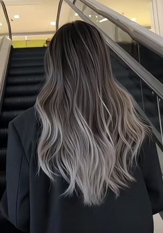 Silver Ombre Hair Brown To, Brown To Silver Hair Ombre, Platinum Brown Balayage, Ashy Blonde On Brown Hair, Ash Blonde Balayage With Babylights, Black Hair Ombre Blonde, Silver Highlights Brown Hair, Grey Balayage Brunettes, Balayage Hair Ash Brown