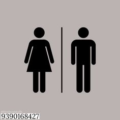 a man and woman standing next to each other in front of a bathroom door sign