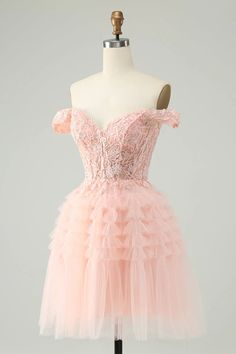 Amzcw Blush A Line Off The Shoulder Corset Short Tulle Homecoming Dress Blush Homecoming Dress, Wedding Swimwear, Homecoming Dresses Sparkly, Tulle Cocktail Dress, Dama Dresses, Lovely Partner, Tulle Homecoming Dress, Pink Wedding Dress, Dress Up Day