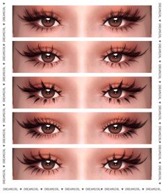 four different views of an eye with long lashes and eyelashes on top, the bottom half of