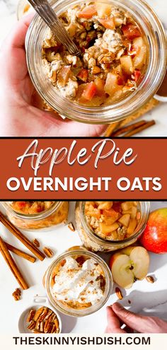 apple pie overnight oats in a jar with apples and pecans on the side