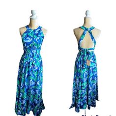 Abel The Label Anthropologie Rumi Maxi Dress Nwt Blue Green Sexy Back Blue Lined Backless Dress, Blue Backless Lined Dress, Blue Lined Midi Dress For Vacation, Blue Tie-back Midi Dress For Beach, Blue Midi Dress With Tie Back For Beach, Blue Tie Back Midi Dress For Beach, Blue Backless Sundress Maxi Dress, Blue Lined Halter Neck Dress, Blue Backless Midi Dress For Vacation