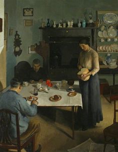 a painting of two people sitting at a table with plates and cups on the table