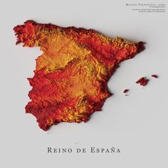 the map of spain is made up of red and yellow colors, with an orange center