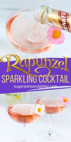 two glasses filled with pink champagne and garnished with daisies, next to a bottle of rapunze sparkling cocktail