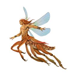 a man with long hair flying through the air next to a large insect on his back