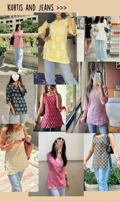 Credit goes to respectable owner Kurti With Jeans For Diwali, Jeans Kurti Style Bollywood, Design For Short Kurti, Kurti Designs On Jeans, Styling Kurti With Jeans, Short Kurti Outfit For College, Casual Kurti Outfits For College, Jeans For Kurti, Jeans Kurti Style Aesthetic