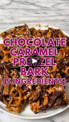 chocolate caramel pretzel bark recipe on a white plate with text overlay