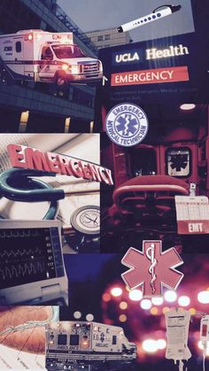 the collage shows emergency vehicles, medical equipment and other things in this photo are all over the place