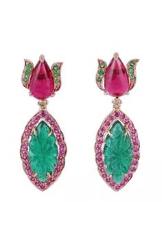 Carved Syn Emerald & Lab Pink Sapphire Dangle Earrings 925 SS Cocktail Jewelry