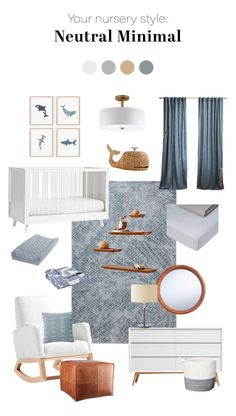 the interior design board for a nursery room with neutral colors and furniture, including a rocking chair