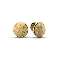 Janus gold coin stud earrings made in Italy in 14k or 18k solid gold by Oltremare Gioielli. Round shaped gold earrings, Italian fine jewelry Italian Gold Earrings, Italian Gold Jewelry, Coin Design, Roman Mythology, Roman Coins, Roman Fashion, Italian Jewelry, Gold Stud Earrings, Ancient Coins