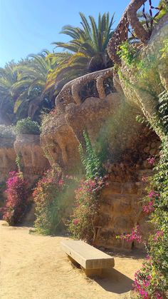 a bench sitting in the middle of a garden with pink flowers and palm trees behind it