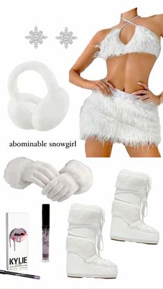 abominable snowgirl / snowman ice girl winter princess  Halloween 2024 college girl outfit costume sexy cute chic trendy // white fur skirt set moon boots fuzzy headband silver snowflake jewlry with white gloves and purple / lavender kylie lip kit // frost bite // sorority girl sec college halloween inspo october // ootd outfit inspo costume dress up winter them White Fur Rave Outfit, Ice Queen Rave Outfit, Snow Queen Halloween Costume, All White Costume Ideas, Winter Wonderland Costume Ideas, White Boots Halloween Costume, Ice Princess Outfit, Ice Queen Halloween Costume