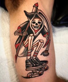 a skeleton riding a skateboard with a flag on it's arm and holding a knife