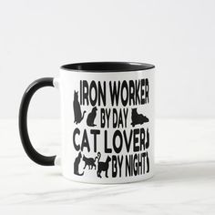 a black and white coffee mug with the words percussionist by day, cat lover by night