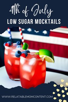 two glasses filled with red, white and blue drink next to an american flag background