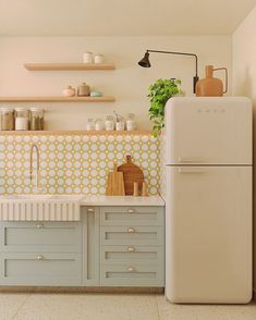 a white refrigerator freezer sitting inside of a kitchen next to a counter top oven