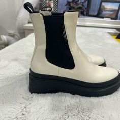 White Lug Sole Boots Size 7 Only Worn A Couple Times Black And White Lug Sole Boots, White Waterproof Ankle-high Boots, White Ankle-high Lace-up Boots With Lug Sole, White Ankle-high Boots With Zipper, Ankle-high Lug Sole Boots Medium Width, Kate Spade Shoes, Lug Sole Boots, Lug Sole, Leather Boots