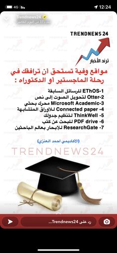 an advertisement for the trendnews 2 4 website, with a graduation cap and diploma