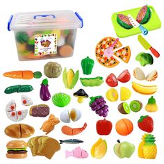 play food set with fruits and vegetables in plastic container