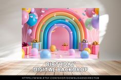 a birthday backdrop with balloons and presents in front of a rainbow - shaped arch that reads, birthday digital backdrop