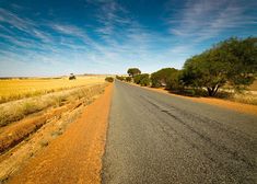 an empty road in the middle of nowhere with trees on either side and blue sky above