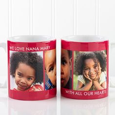 two personalized coffee mugs with the same photo and text on them, one for each child