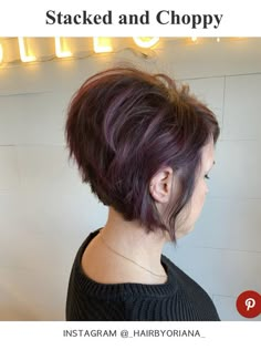 High Stacked Inverted Bob, Short Tapered Bob Hairstyles, Short Stacked Bob Haircut For Thick Hair, A Line Inverted Bob Stacked, Short Aline Bob With Bangs, Choppy Inverted Bob, Purple Highlights Bob Haircut, A Line Bob Short Stacked Bangs, Purple Inverted Bob